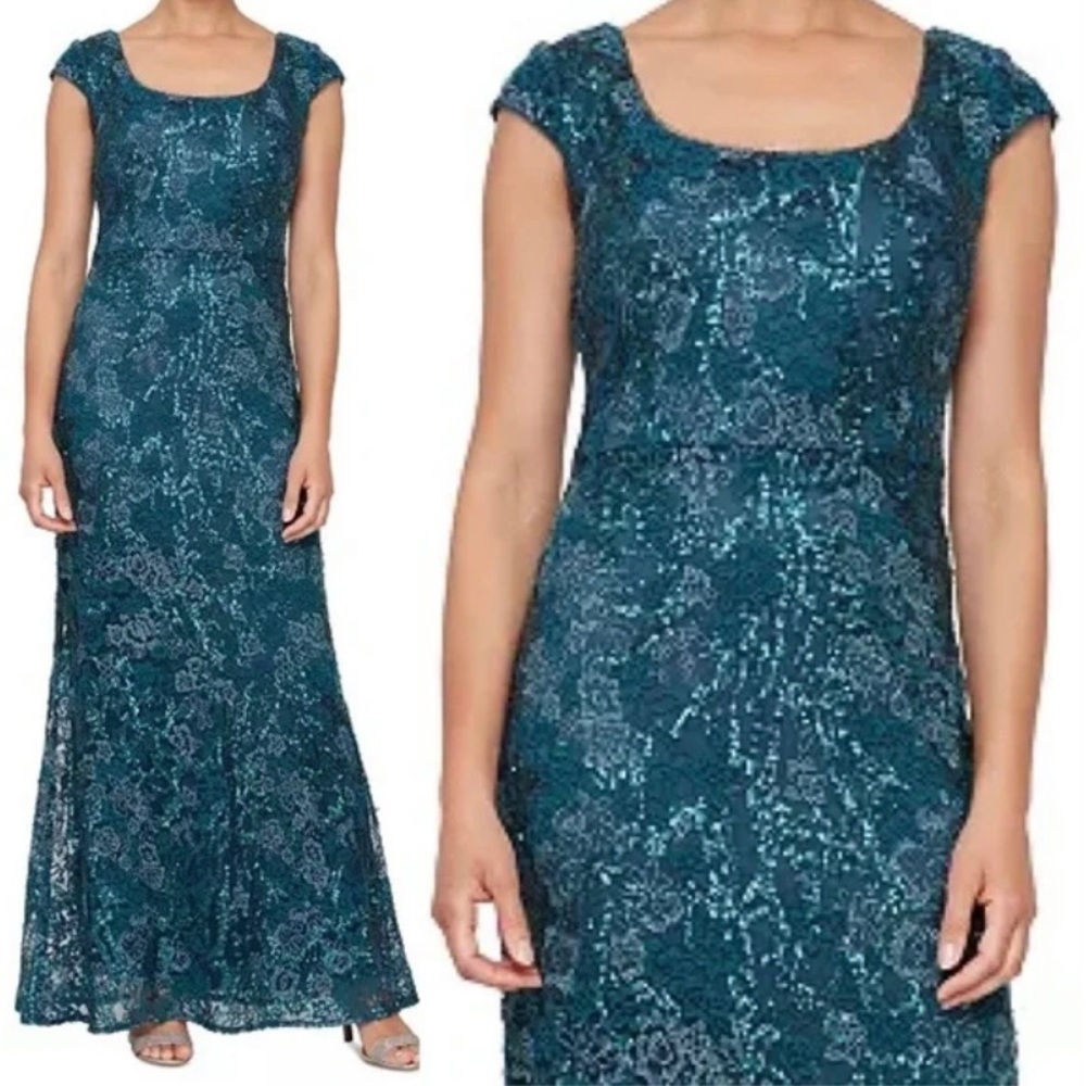 Alex Evenings Cap Sleeve Scoop Neck Embroidered Sequined Gown in Peacock - Picture 2 of 3